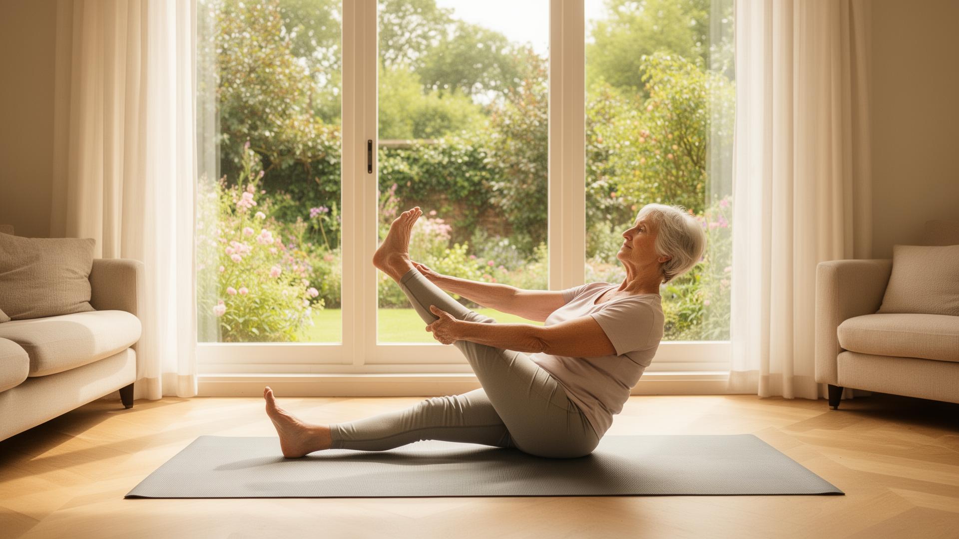 Seniorin macht sanfte Beinübungen in hellem Wohnzimmer