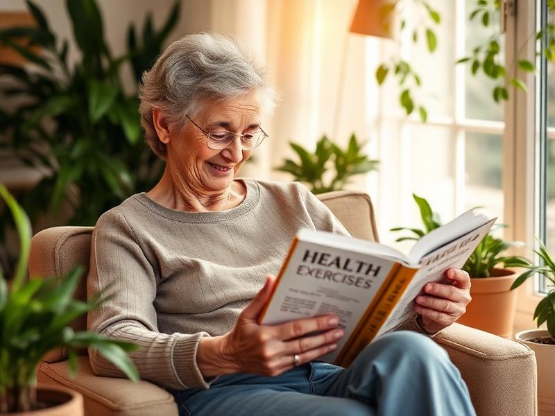 Seniorin liest entspannt ein Buch über Gesundheit