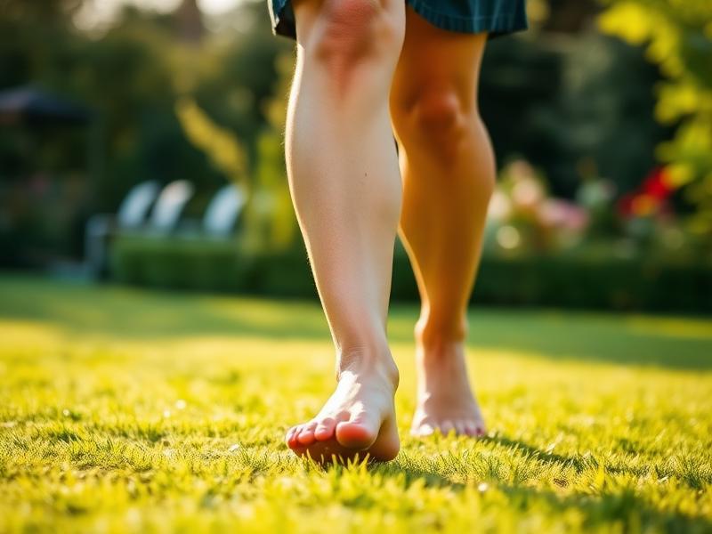 Gesunde Beine beim Barfußgehen auf Gras